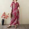 2025 Summer Plus Size New Dress Women Vintage Long Casual Loose Basic Printing V-Neck Dress Maxi