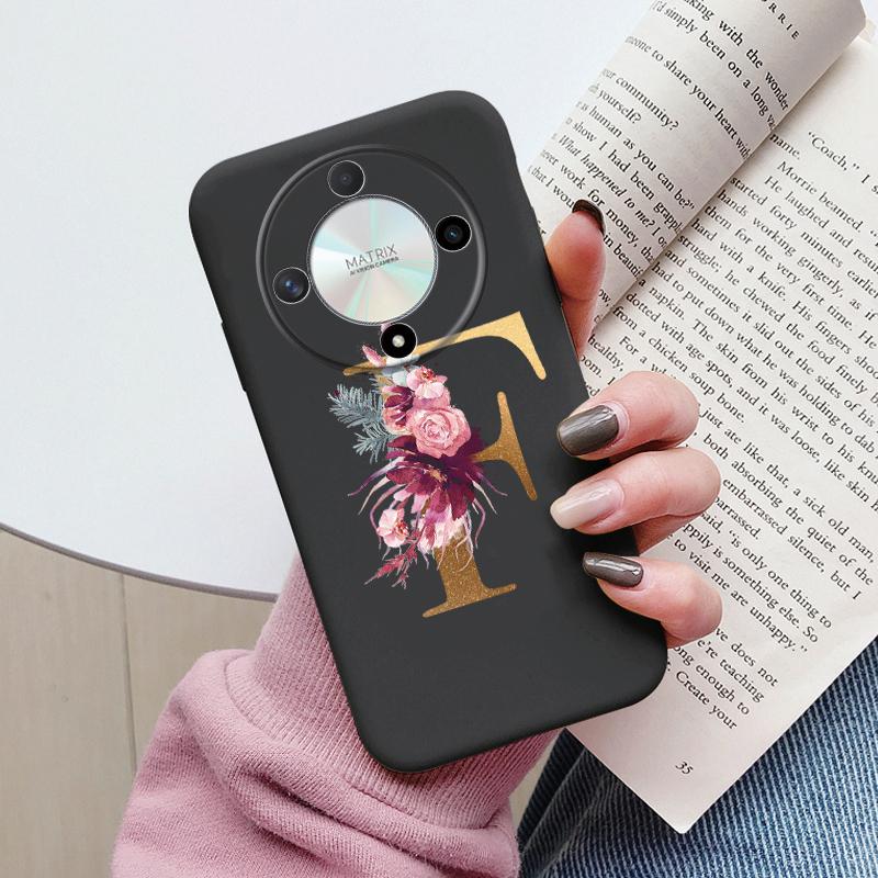 Чехол для телефона с буквой для Honor X9b X9a Magic5 Lite Magic6 Lite 5G Чехол Ретро Цветы Розовый Черный Мягкий ТПУ Силиконовый с инициалами Fundas