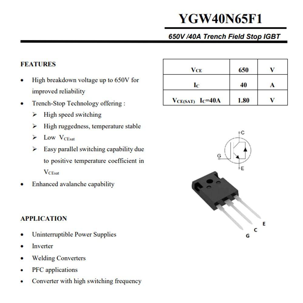 Обычно используемый YGW40N65F1 сварочный аппарат Аксессуар IGBT инвертор МОП полевой эффект трубки YGW60N65F1