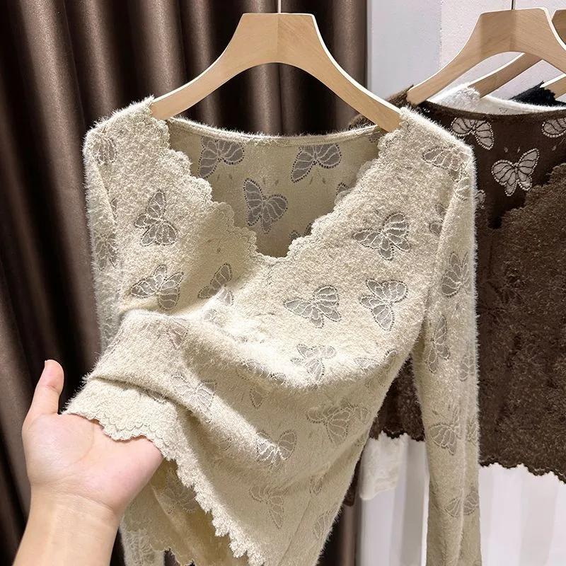 Женский топ с длинными рукавами из матового кружева для осени и зимы, новый, с V-образным вырезом, высококачественный, мягкий, восковой, приталенный, для ношения под одеждой