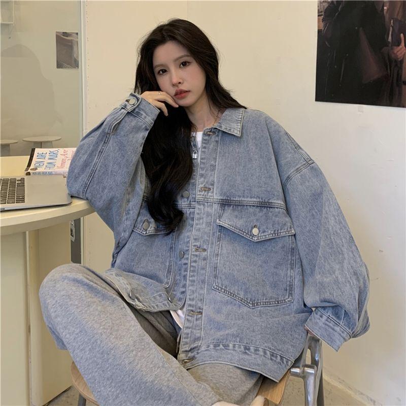 Джинсовая куртка женская большого размера осенняя ретро-стиль BF с принтом букв, свободный топ с длинными рукавами