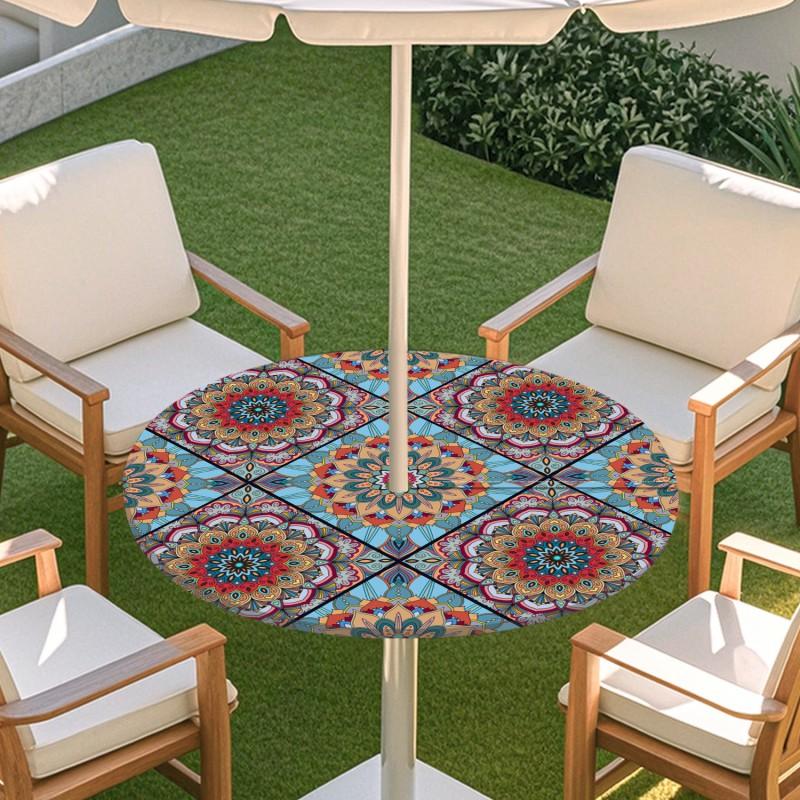 Outdoor Round Table Cover With Geometric Waterproof Elastic Edge Patio Garden Dining