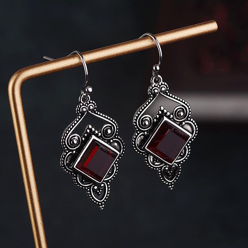 Zhenrong Retro Ruby & Zircon Square Earrings - European & American Style S925 Thai Silver Plated