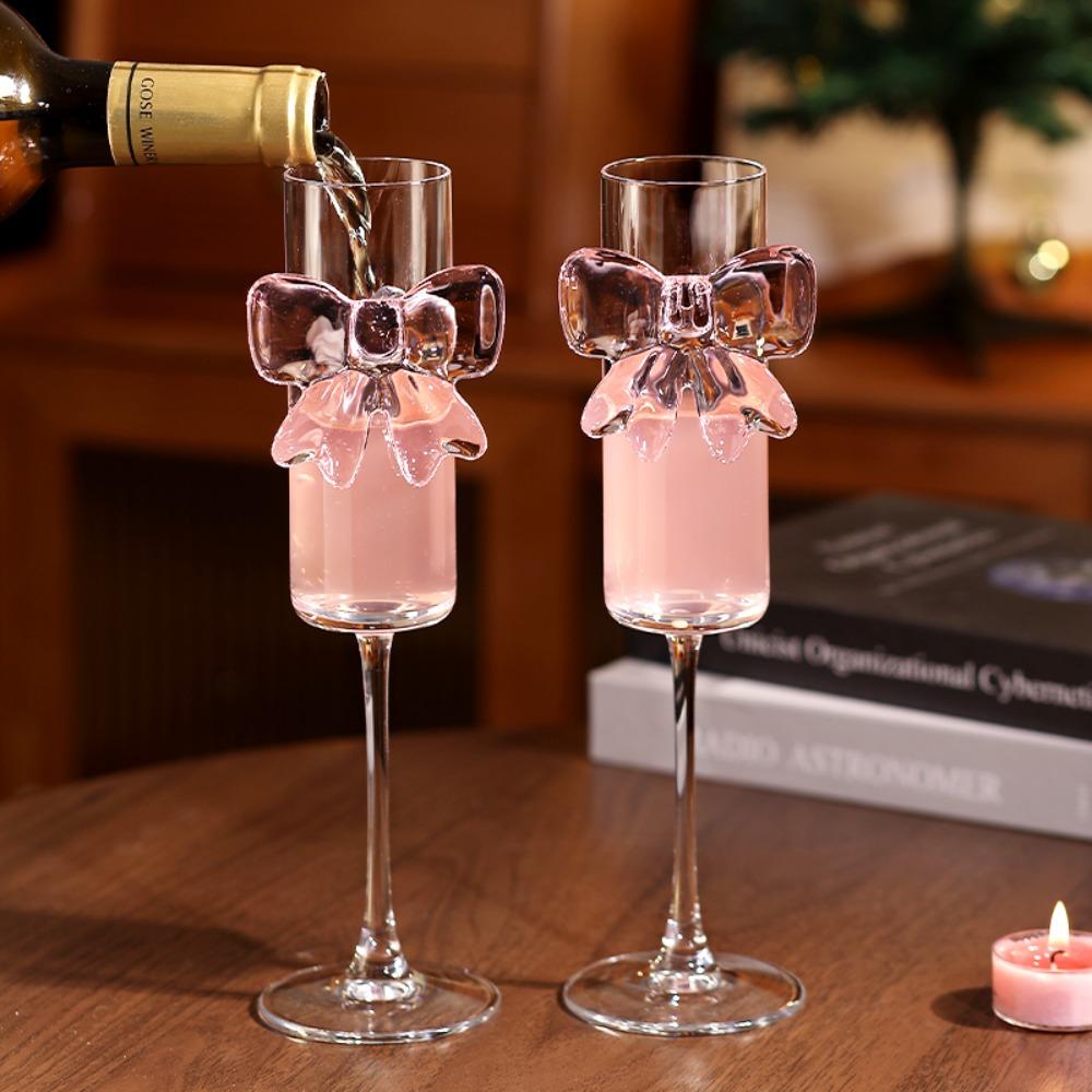 2 pieces Clear Pink Bow Champagne Glass Ultra Thin Goblet Creative Drinking Glasses Party Supplies