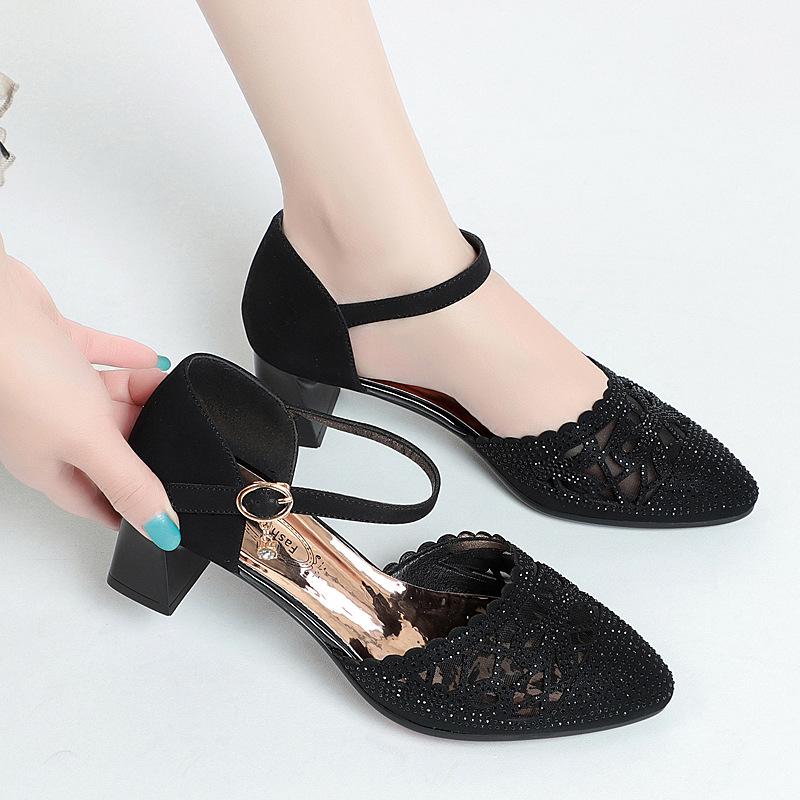Fashion New Pointed Toe Women Sandals 2024 Spring Summer Mid Heel Gauze Hollow Shoes Fashion Shoes Buckle Strap Comfortable For Office