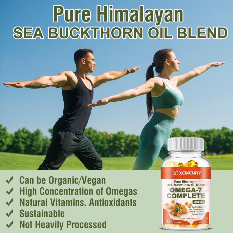 XEMENRY Organic Sea Buckthorn Seed Oil Capsules, beneficial for gut and heart health, 2000 mg per serving, suitable for adults.