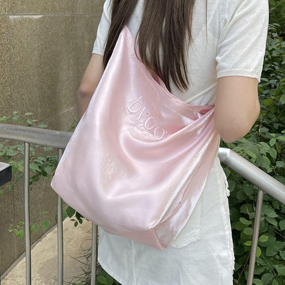 Large Capacity Satin Tote Bag Solid Color Lightweight Underarm Bag Cute Simple Shoulder Bag Casual