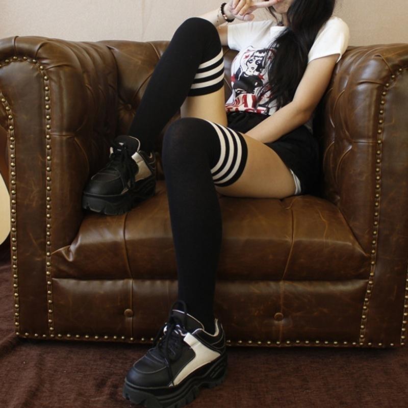 Сексуальные модные хлопковые гольфы в полоску для женщин и девочек, гольфы до бедра, длинные носки