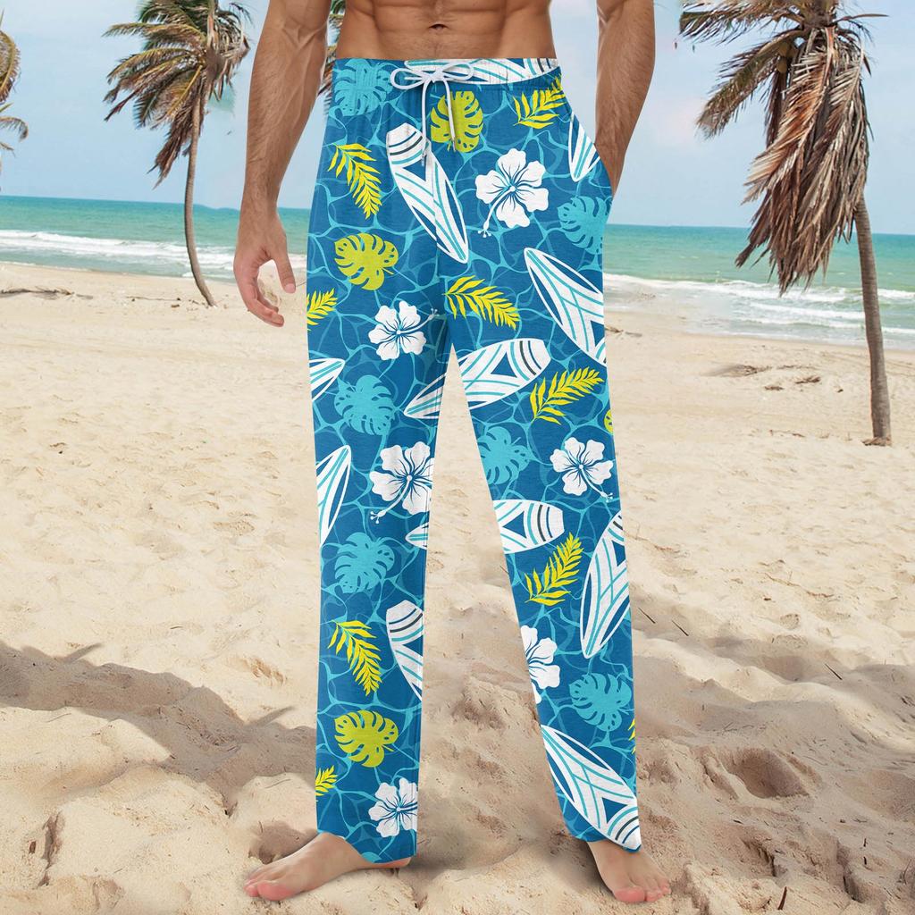 Men's Hawaiian Print Soft Home Pajama Pants Drawstring Casual Sweatpants