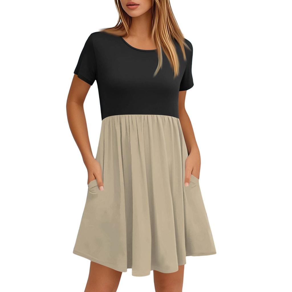 Женские модные повседневные свободные платья с круглым вырезом и коротким рукавом с цветными блоками и карманами