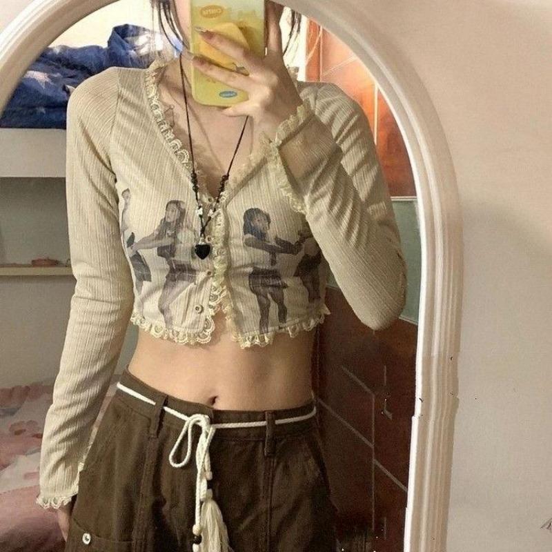 2KWEIRD Y2k Clothes Retro Campus Style Print Slim Long-Sleeved Summer Design Lace Short Cardigan Top Grunge Clothes Ropa Mujer