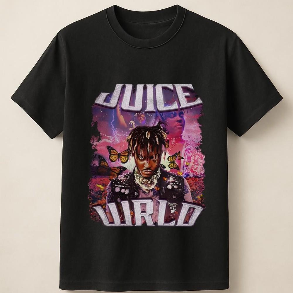 Цветный портрет Juice WRLD с бабочками Графическая унисекс футболка Унисекс футболка