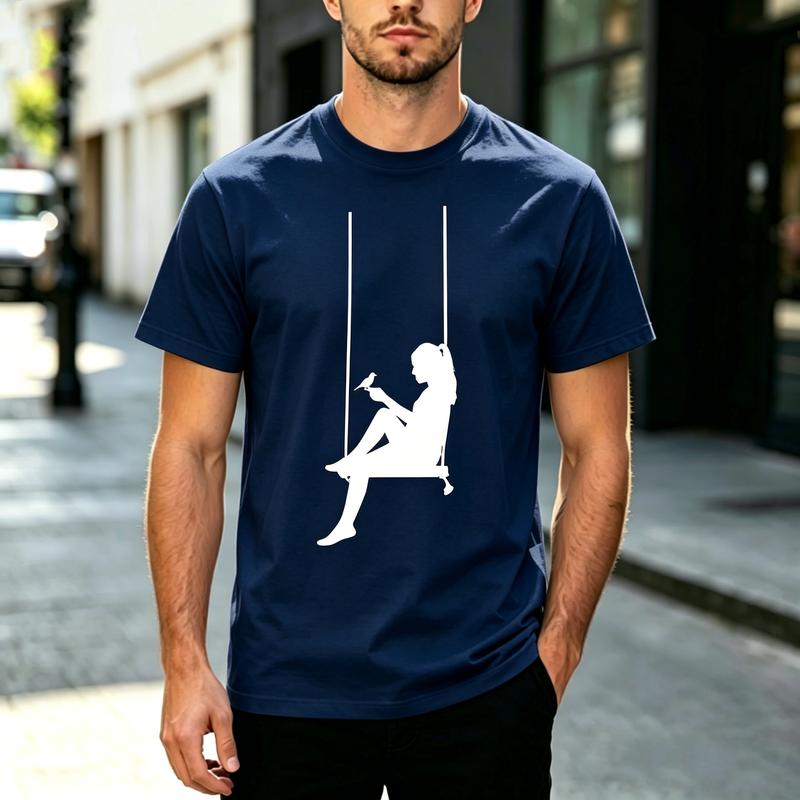 Minimalist Bohemian Swing Girl With Little Bird Silhouette Graphic Crew Neck T Shirt Unisex Unisex Cotton Short Sleeve Outdoor Daily