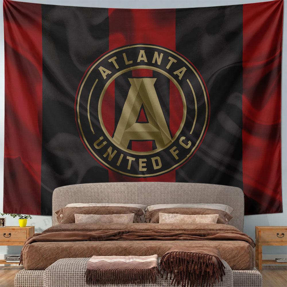 Vertical red and black stripes with a gold circular emblem in the center. Patterned tapestry for bedroom and living room home decor