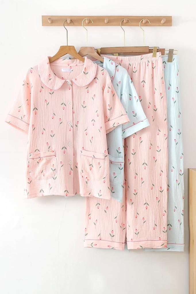 Cotton Soft Gauze Marshmallow Cotton Floral Pajama Comfortable Sleepwear Light Women's 100% Loungewear, Double-Layered Set, (XL, Blue)