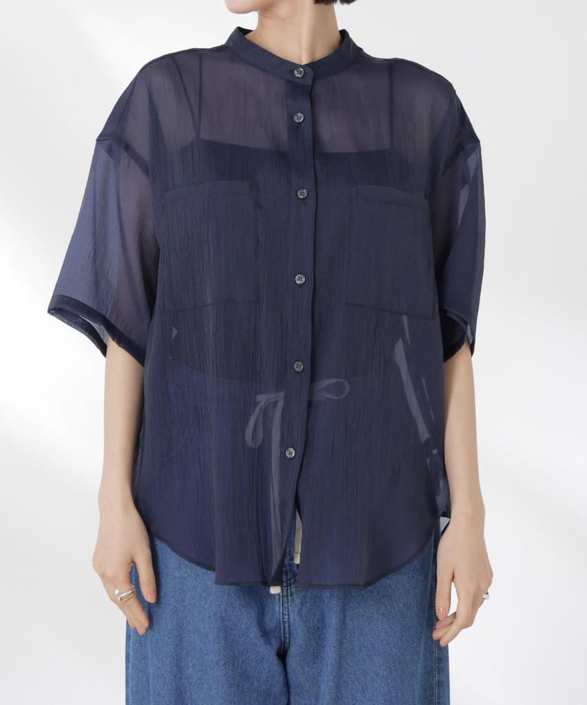 Nano Universe Band Collar Sheer Short Sleeve Size F Women's Shirt, 050, Brown, 673-5121321