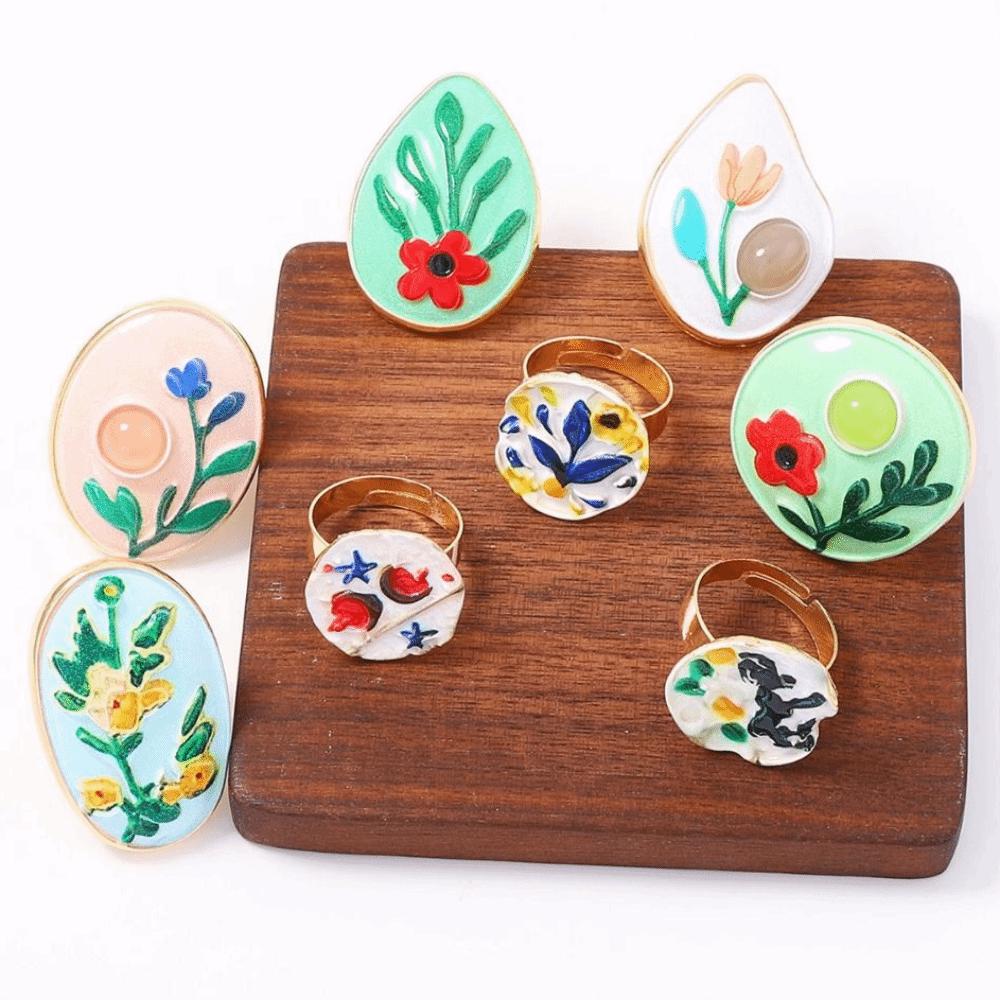 Ethnic Style Vintage Ring French Glazed Ring Rural Enamel Flower Ring Gift
