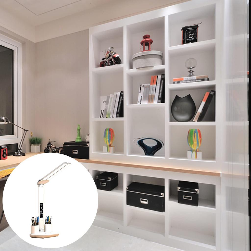 Светодиодная настольная лампа с держателем для ручки/телефона Перезаряжаемая настольная лампа для учебы с двумя головками Цифровые часы Настольная лампа Ночник с 3 цветовыми режимами Сенсорное управление