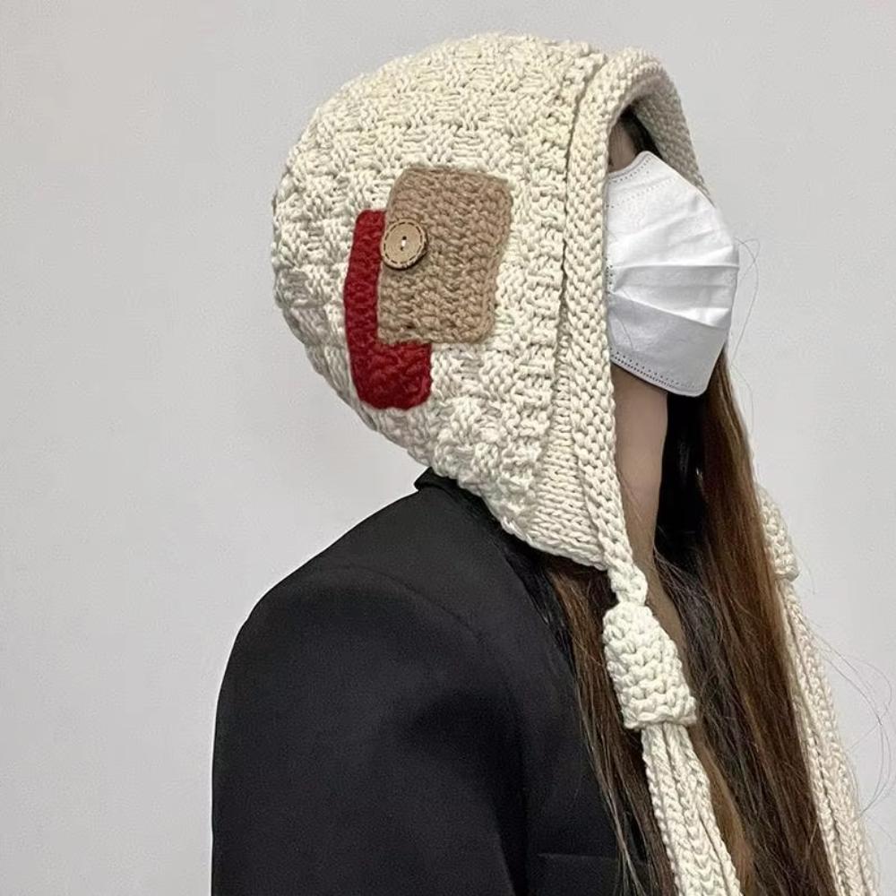 Harajuku Designed Knitted Hat with Long Tassels Button Ear Protection Hat Sweet Pullover Hat  Daily