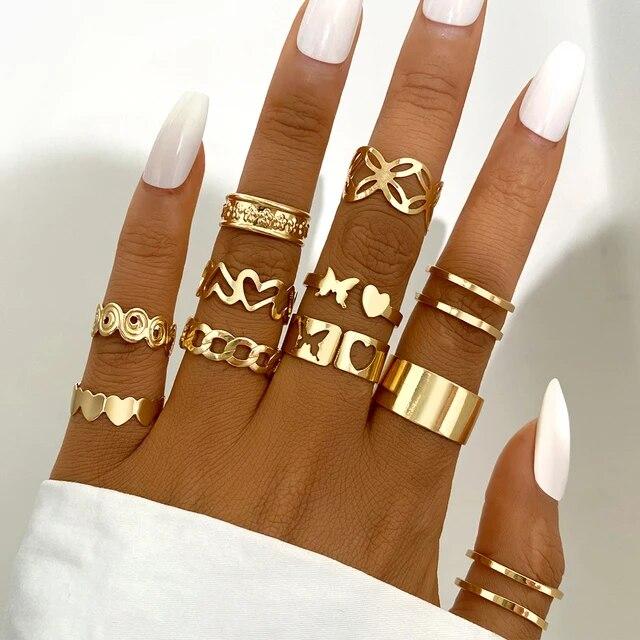 Максимум 27 шт., винтажный комплект колец с сердцем, змеей и бабочкой для женщин, металлический позолоченный геометрический полый палец, кольцо, ювелирное изделие, подарок, новый