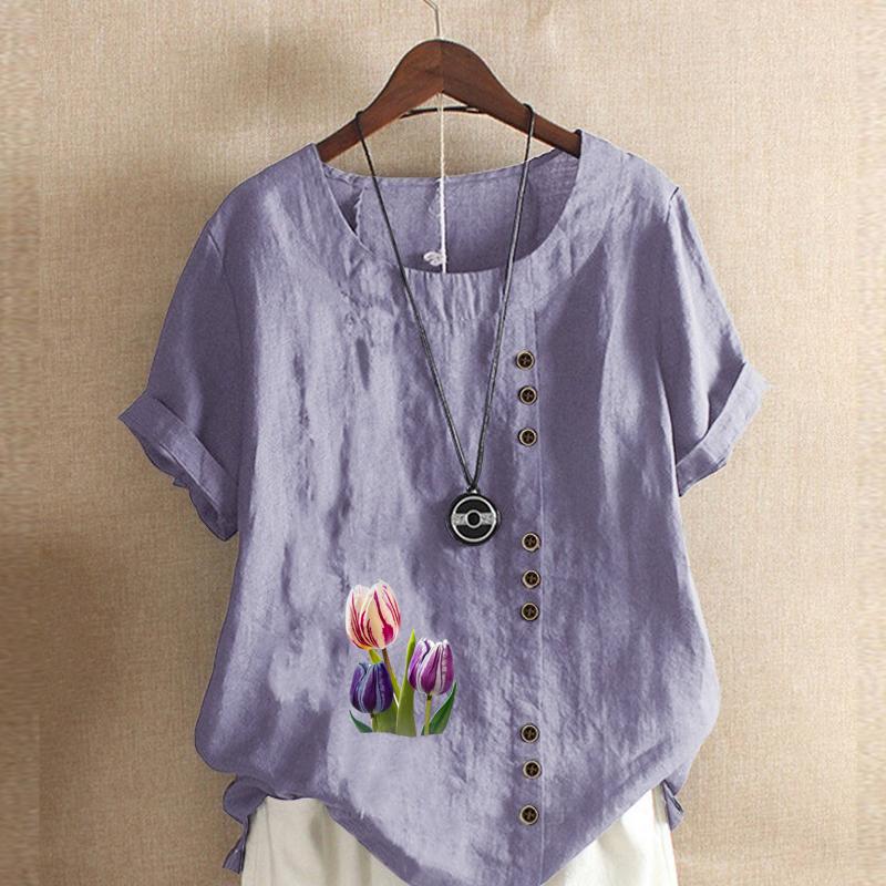 Women's Fashion Round Neck Short Sleeve T-shirt Casual Cotton Linen Graphic Shirt Tulips Prined Summer Blouse Tops