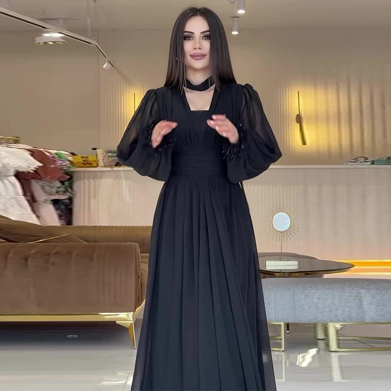 Осень 2024 Европейская и американская мода Сетчатое платье с пышными рукавами, стройнящее