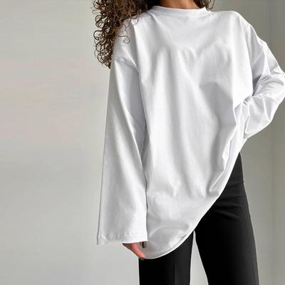 Базовая хлопковая футболка с круглым вырезом, женская свободная, объемная, с длинным рукавом, модная, повседневная, топы на весну и осень