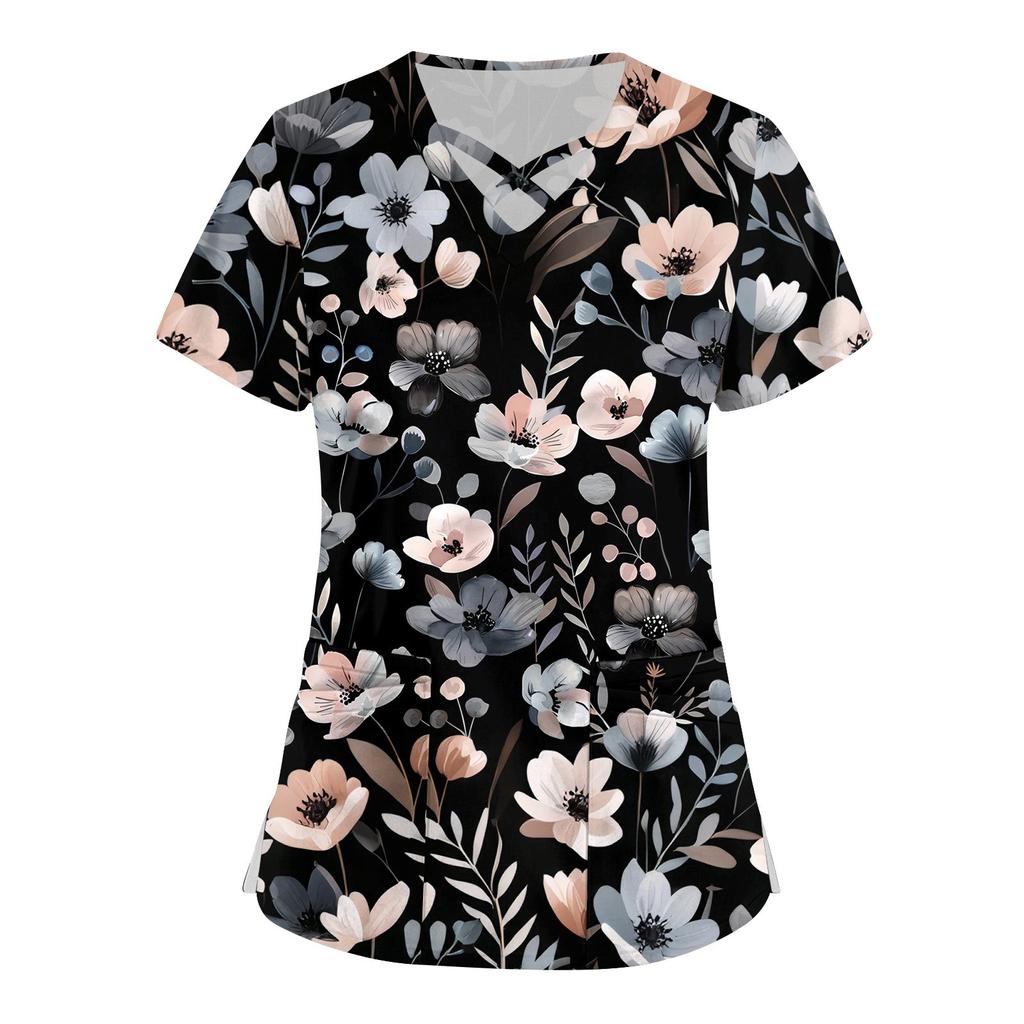 Women's Short Sleeve Stagger V Neck Print Pocket Dry-nurse Top