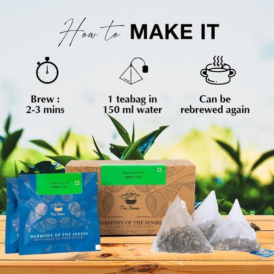 TEA SENSE Himalayan Green Tea | 15 Pc | Pyramid Tea Bags In Sealed Pouches | Sweet Aftertaste | Can Be Rebrewed
