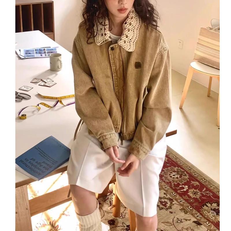 Womens Vintage Khaki Short Cropped Jacket Loose Fit Cotton Blend 2026 Casual Chic Outerwear