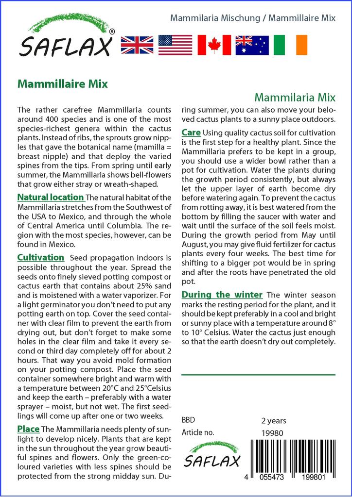 SAFLAX Garden in the Bag - Mammillaire Mix - 40 семян - С субстратом в подходящем стоячем пакете - Mammilaria Mix