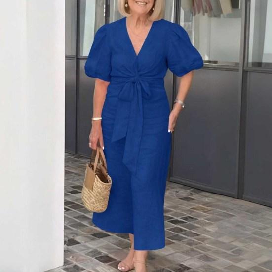 Летнее платье макси с V-образным вырезом, шнуровкой на талии, рукавами-фонариками, однотонное, свободное