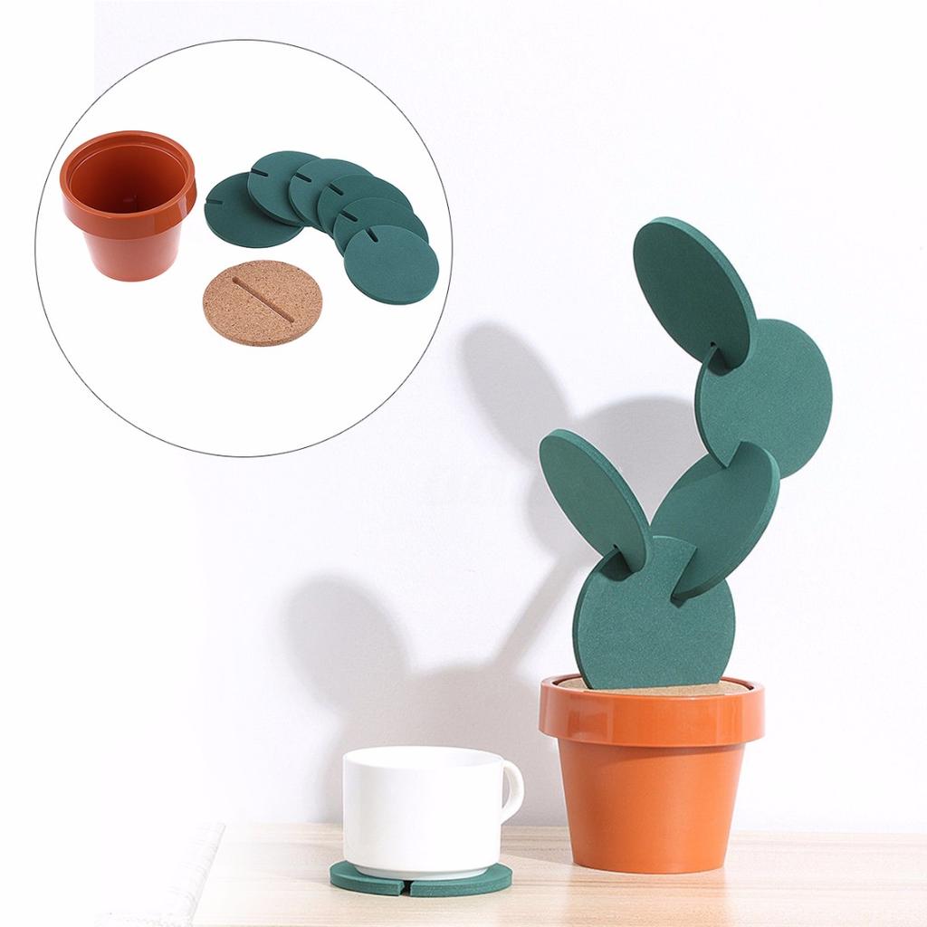 6Pcs/Set Cactus Coasters Cup Beverage Mats Pads With Plastic Flower Pot Holder