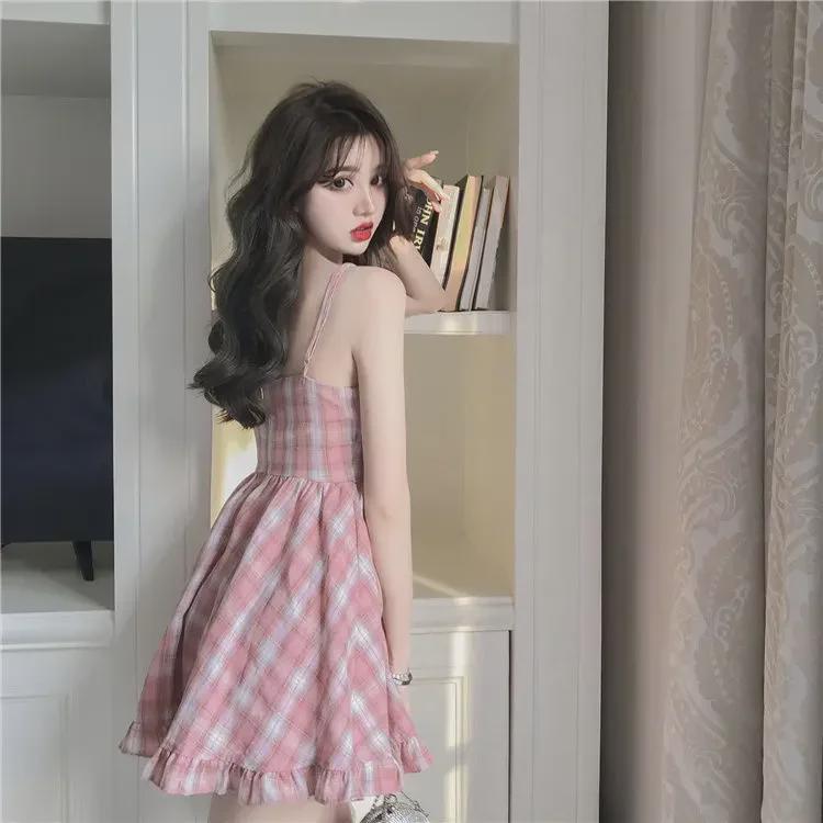 Sweet Pink Plaid Suspender Dress - Fresh Korean Style for Summer