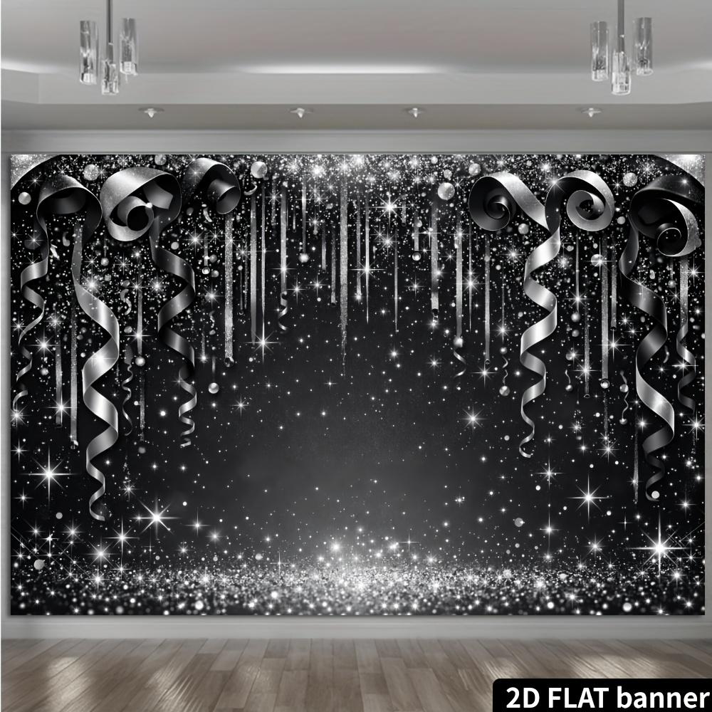 2D flat black silver glitter party banner background. Black silver theme suitable for indoor and outdoor events of all kinds.