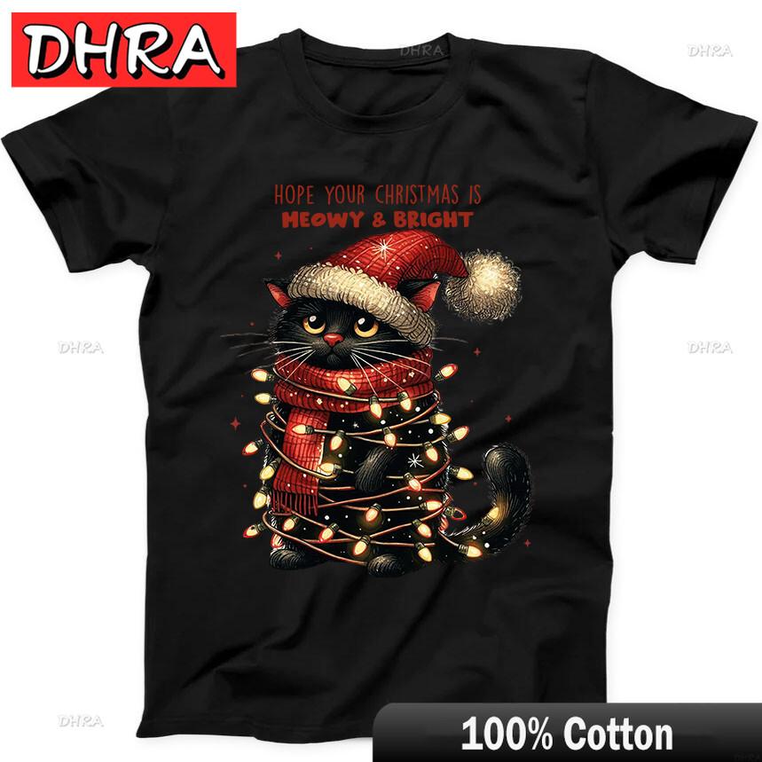 Christmas Lights Black Cat Santa Meowy Bright Funny Gift Black T Shirt Y2K Aesthetic Clothing Tees for Daily Wear TShirt Hombre