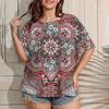 Women's Plus Size T-shirt Retro Ethnic Flower Print Summer Outdoor Casual Round Neck Short Sleeve Tops OverSize Women's Clothing