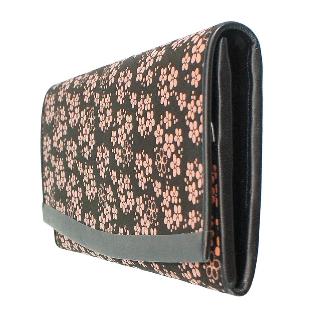 Кошелек Inden Long Black with Pink [Inden-ya], Тонкий, Оленья кожа, Лак, Узор «Незабудка», 2311-51-181