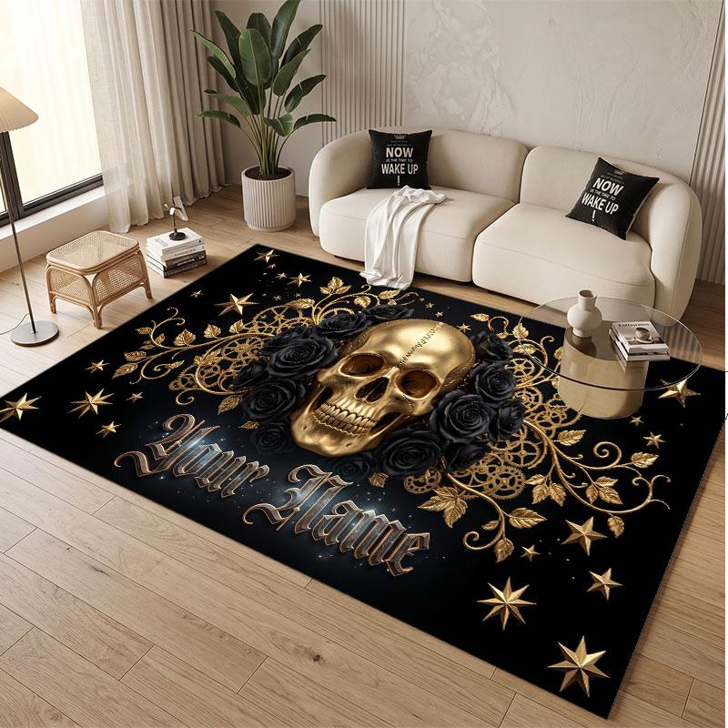 Skull Gothic Theme Soft Crystal Velvet Rug Custom Name & Text Print Non Slip Floor Rug for Bedroom Living Room