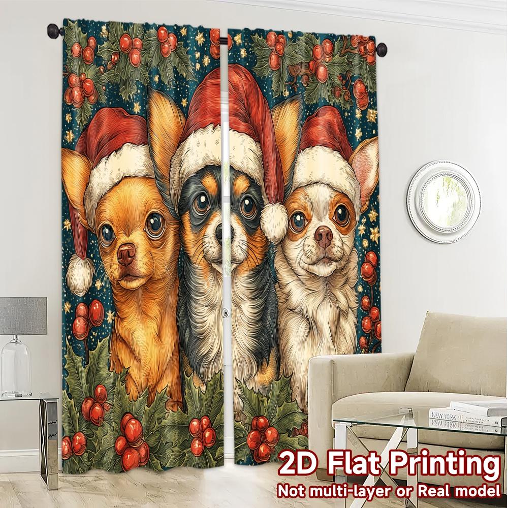 2D Flat Printing  JIT 2pcs   Curtains (Without Rod) Festive Pups Sleigh Popular Curtains Digital Printed Versatile 100% Polyester