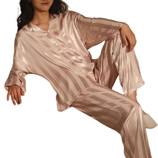 2 шт./компл., женский пижамный комплект на весну и лето, полосатый шелковистый ледяной шелк с лацканами и длинными рукавами, свободный однобортный широкий штанин, домашняя одежда, рубашка, брюки, комплект одежды для сна