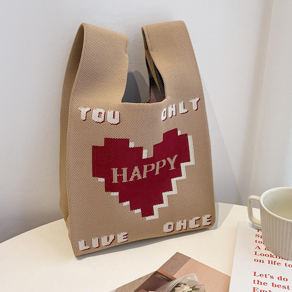 FASHION Women'S Knot Wrist Bag Handmade Knitted Bag Portable Mini Striped Tote Bucket Phone Bags Large Capacity Autumn Winter Handbags