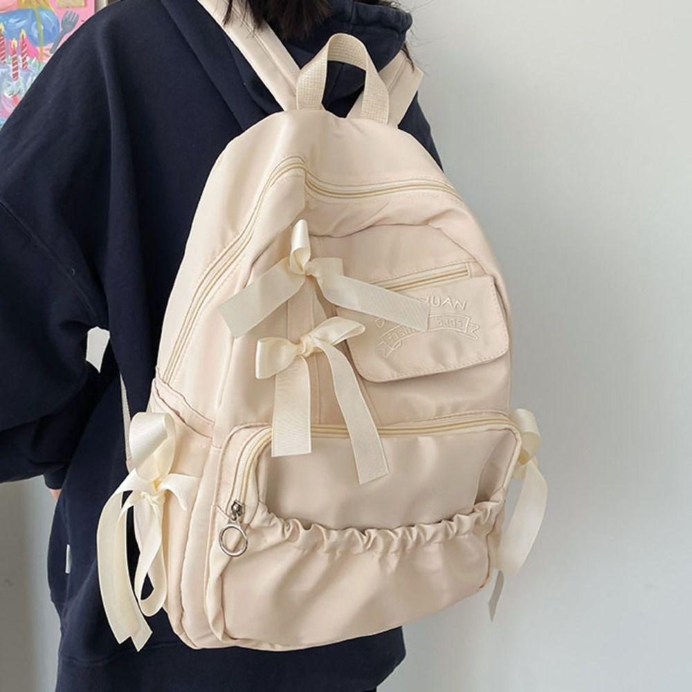 College Style Bow Backpack Large Capacity Canvas Shoulders Bag Cute Students School Bag School