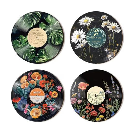 4 Pcs Wooden Record Floral Slice Vinyl Wall Art Vintage Record Replica Wall