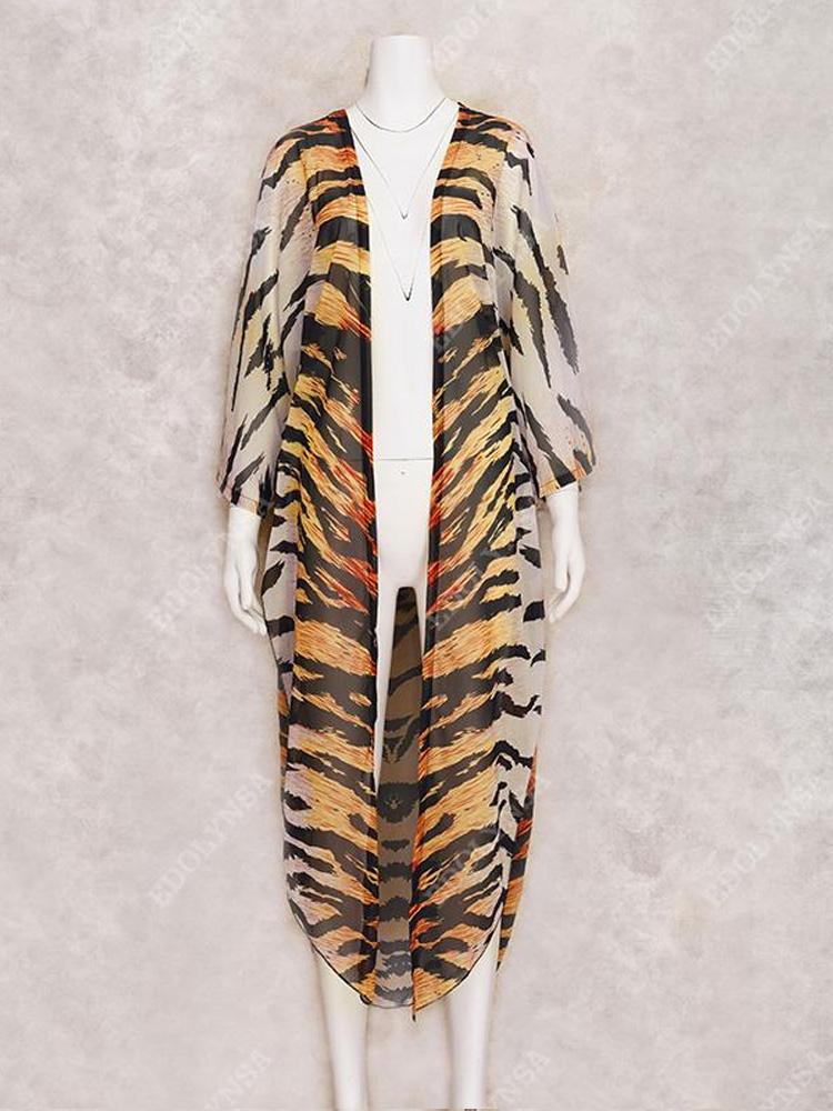 2024 Желтое сексуальное шифоновое бикини в полоску с тигром, накидки на бикини больших размеров, платье-кимоно, летняя женская пляжная одежда, купальный костюм, накидка