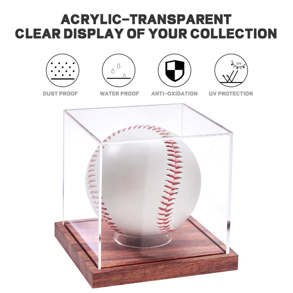 Baseball Display Case (2 Pieces) This Is a Baseball Display Case with a Sturdy Wooden Base That Is a Clear Cube Tennis Ball Holder That Requires No