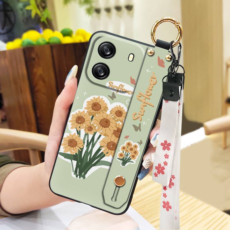 Protective Anti-dust Phone Case For Blackview Wave 6C Kickstand Ring Lanyard Soft Case Phone Holder Anti-knock Flower