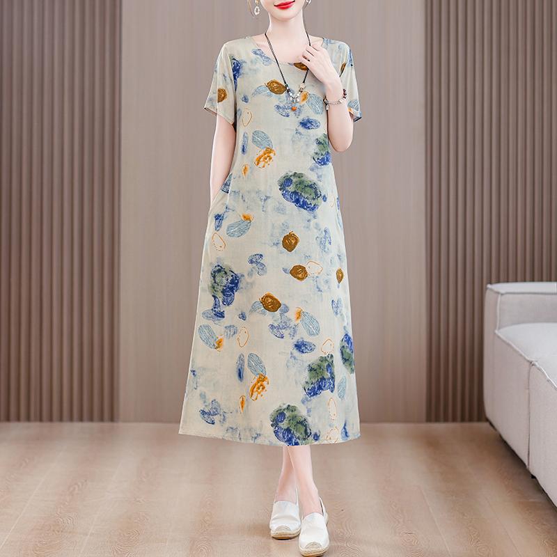 Летнее винтажное платье для женщин, повседневные платья больших размеров с короткими рукавами и поясом, элегантная женская одежда среднего возраста