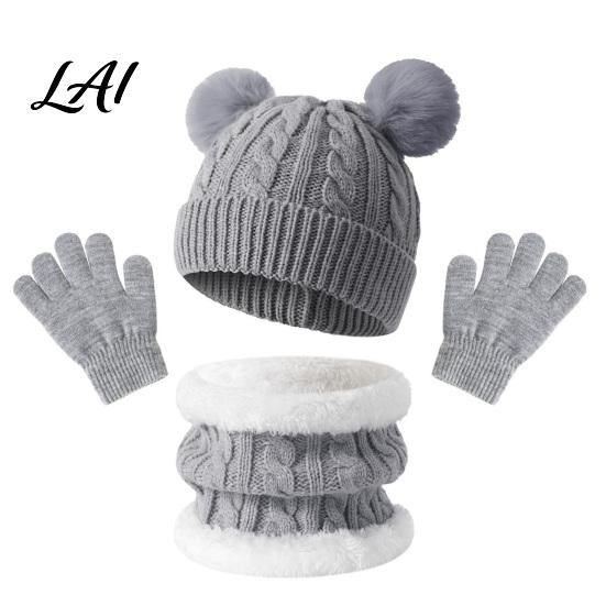 Five Finger Winter Gloves for Toddlers Kids Warm Knit Set Bear Ear Hat Fleece Lined Neck Gaiter & Weather Resistant Thermal Set Full Gloves,