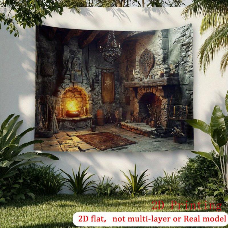 2D Flat Banner 2D Flat - 1 banner featuring a medieval castle stone stove backdrop with a lit candle / outdoor wall decoration